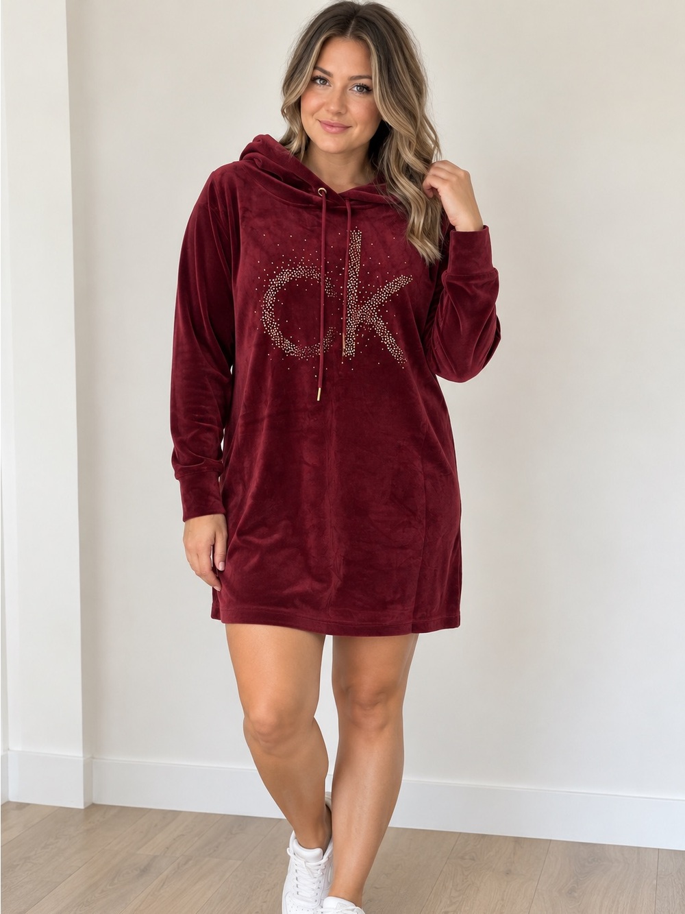 Calvin Klein Rhinestone Logo Velour Sweater Dress Burgundy XL